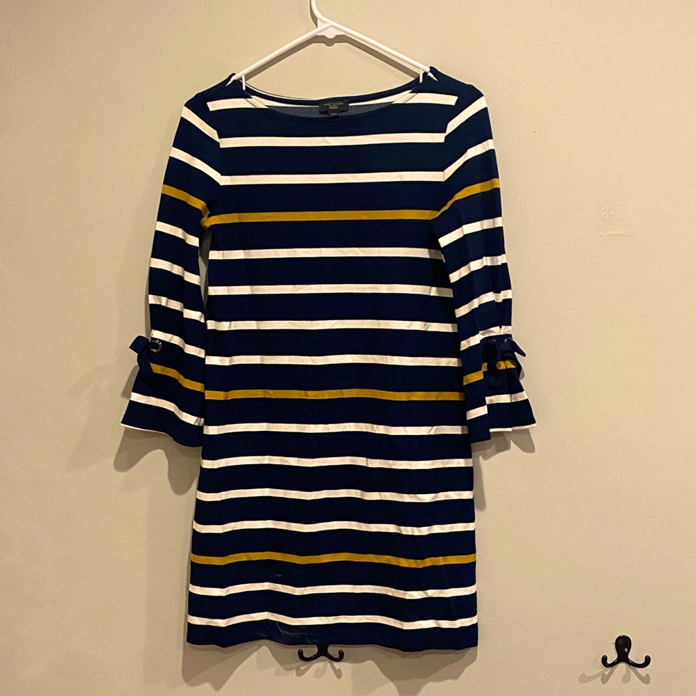 Ann Taylor Long Sleeve Striped Dress in Navy, White, and Yellow